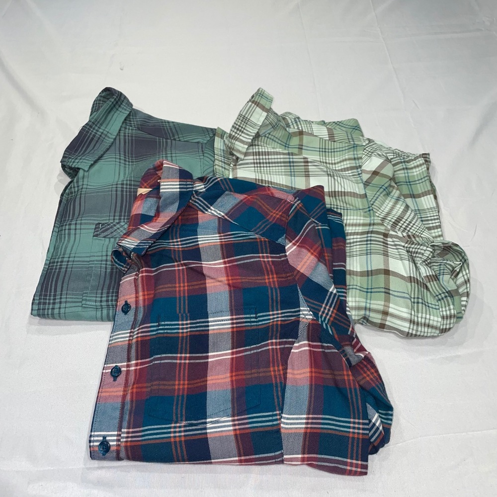 Ascend Womens Large Teal Navy Plaid Button Down Long Sleeve Hiking Shirt L/G